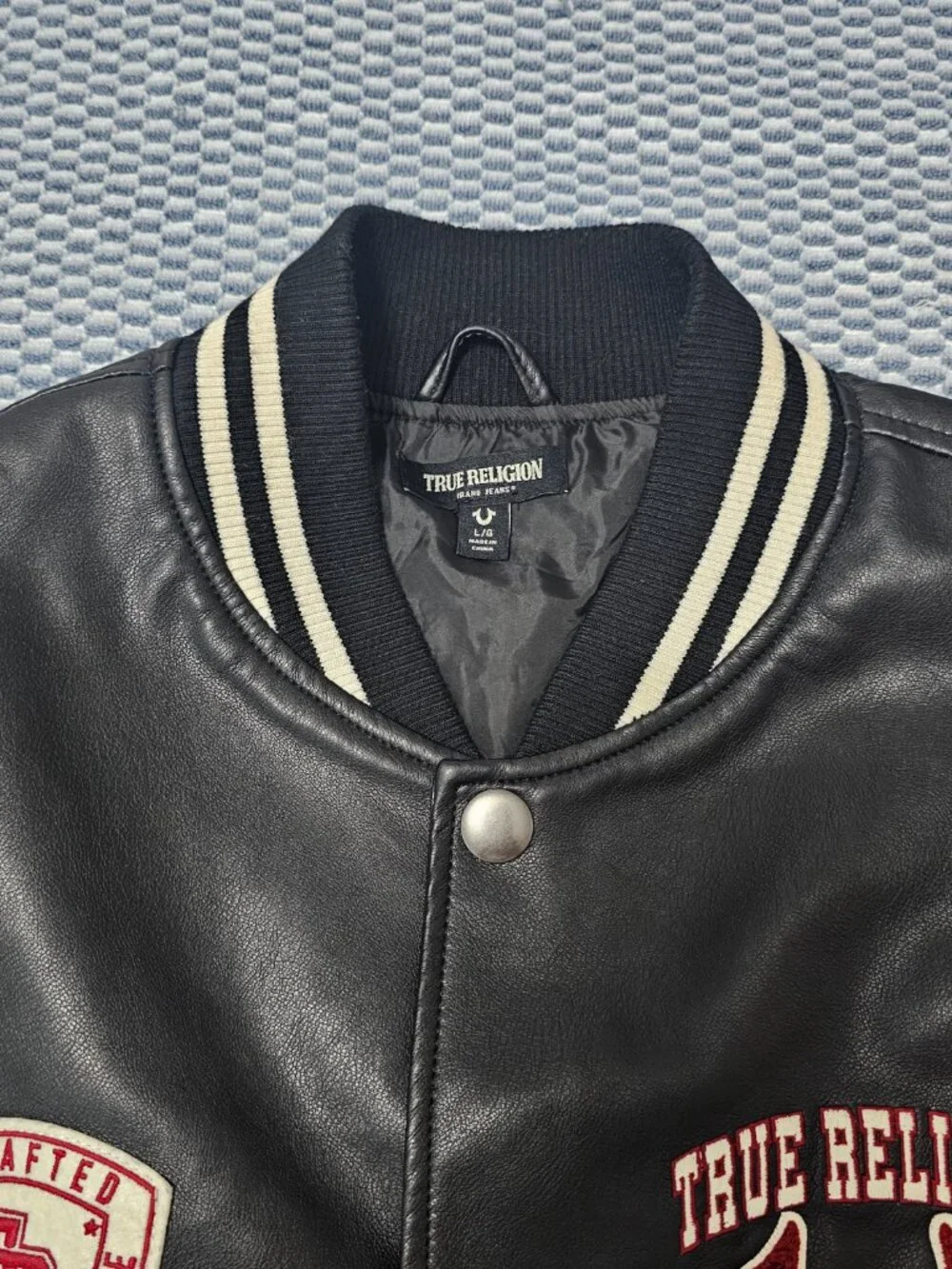 True Religion Black White Vegan Leather Varsity Men's Jacket - Size Large